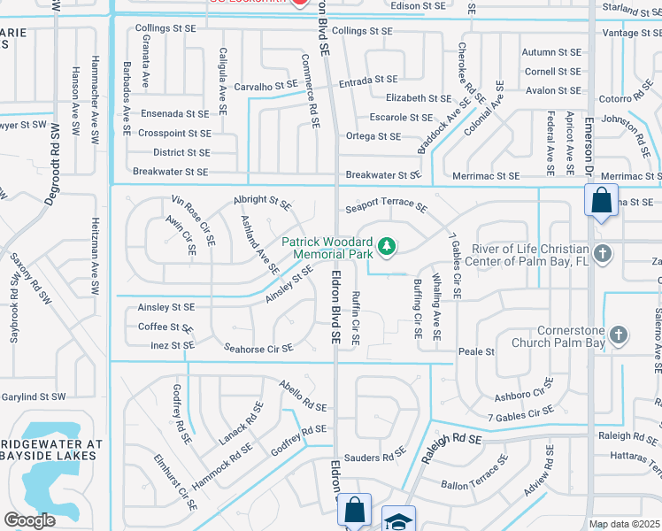 map of restaurants, bars, coffee shops, grocery stores, and more near 1314 Eldron Boulevard Southeast in Palm Bay