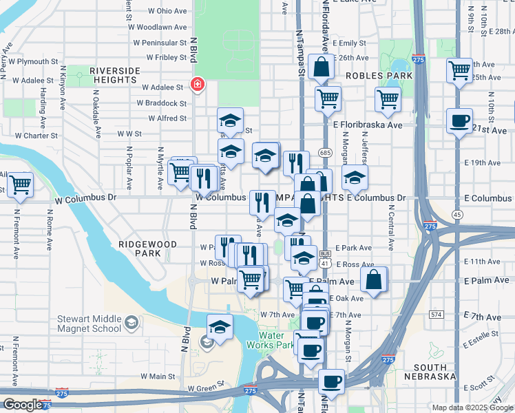 map of restaurants, bars, coffee shops, grocery stores, and more near 303 West Amelia Avenue in Tampa