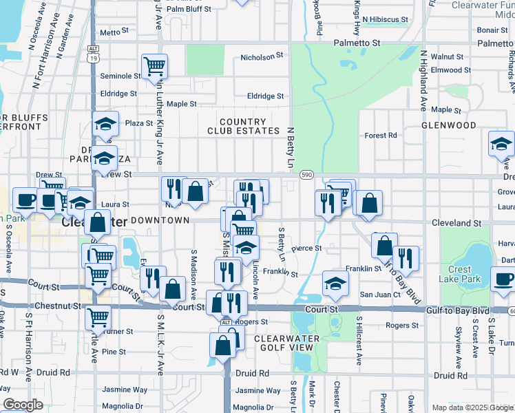 map of restaurants, bars, coffee shops, grocery stores, and more near 1252 Cleveland Street in Clearwater