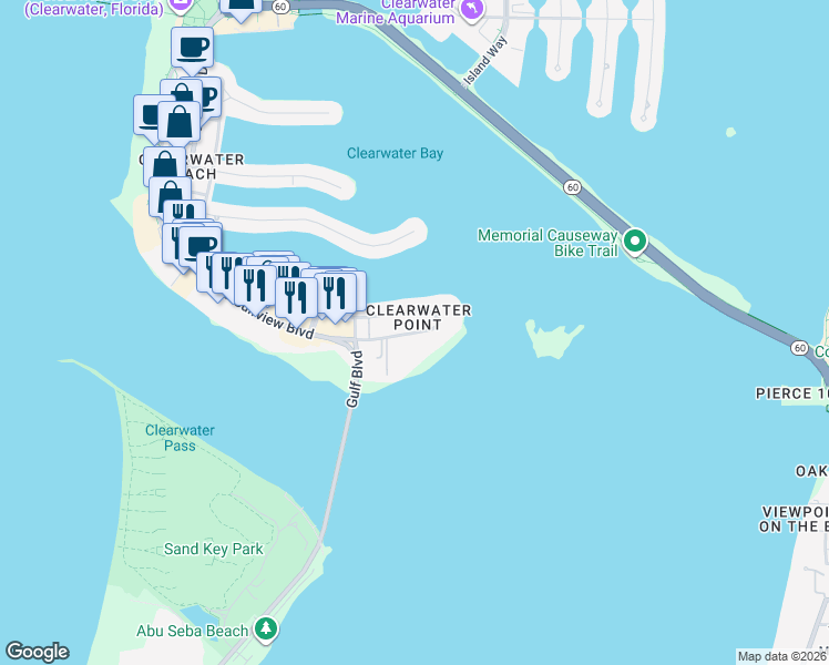 map of restaurants, bars, coffee shops, grocery stores, and more near 865 South Gulfview Boulevard in Clearwater