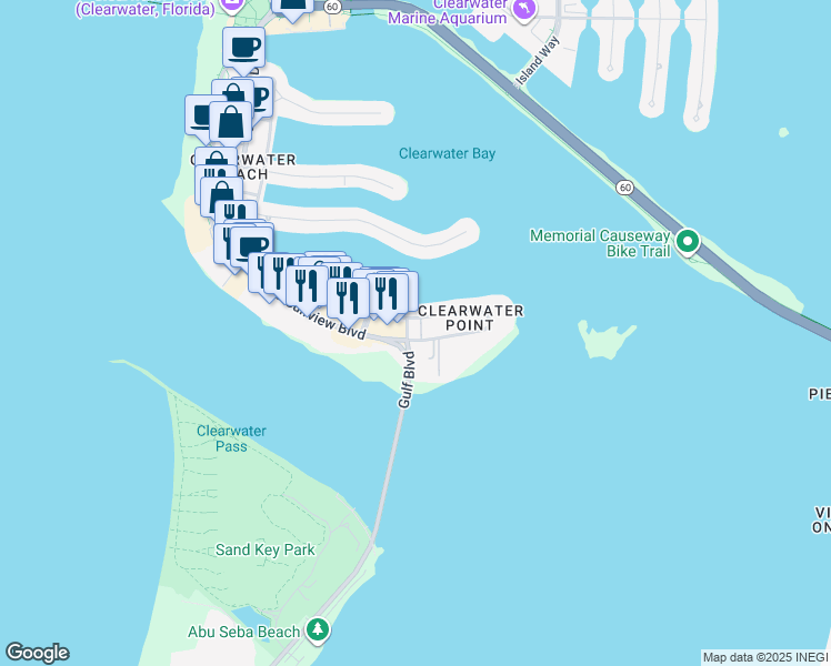 map of restaurants, bars, coffee shops, grocery stores, and more near 794 South Gulfview Boulevard in Clearwater
