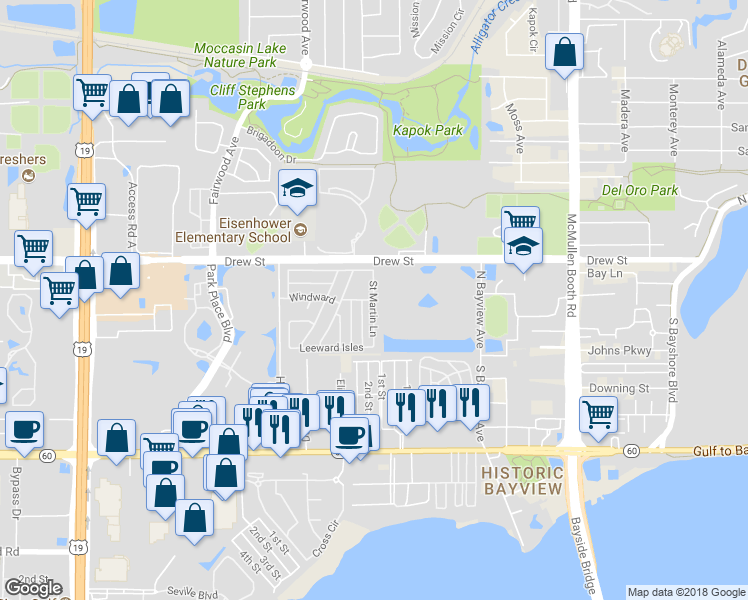 map of restaurants, bars, coffee shops, grocery stores, and more near Saint Martin Lane in Clearwater