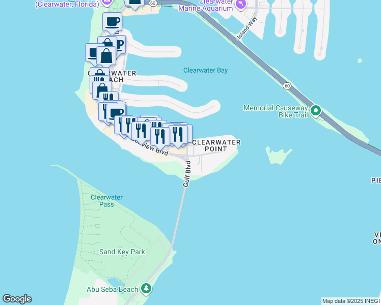 map of restaurants, bars, coffee shops, grocery stores, and more near 794 South Gulfview Boulevard in Clearwater