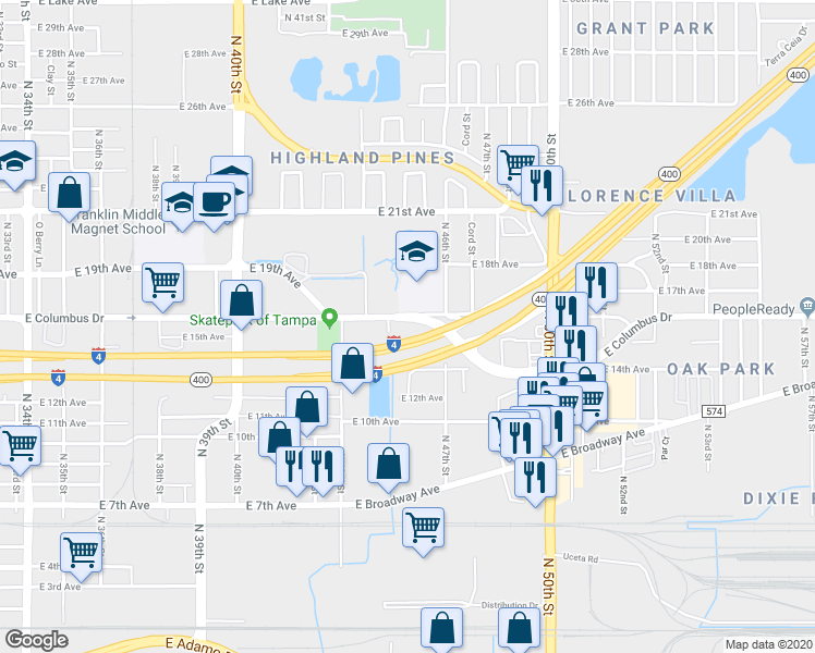 map of restaurants, bars, coffee shops, grocery stores, and more near 4501 East Columbus Drive in Tampa