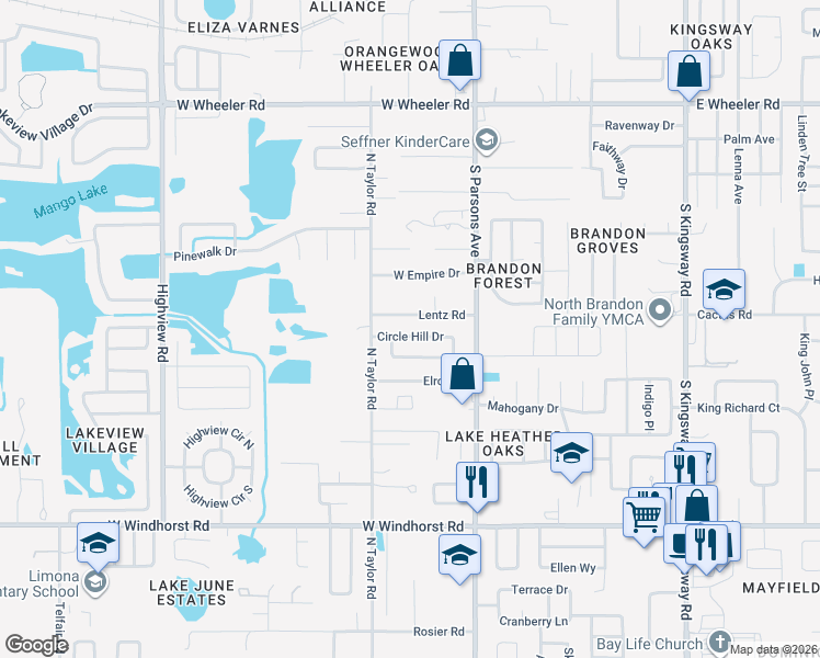 map of restaurants, bars, coffee shops, grocery stores, and more near 207 Circle Hill Drive in Brandon