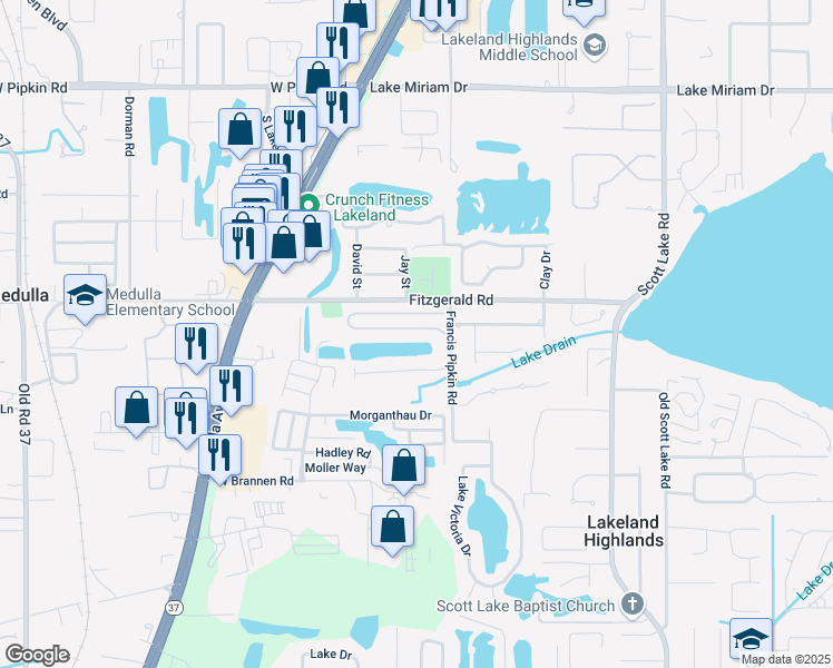 map of restaurants, bars, coffee shops, grocery stores, and more near 575 Emerald Cove Loop in Lakeland