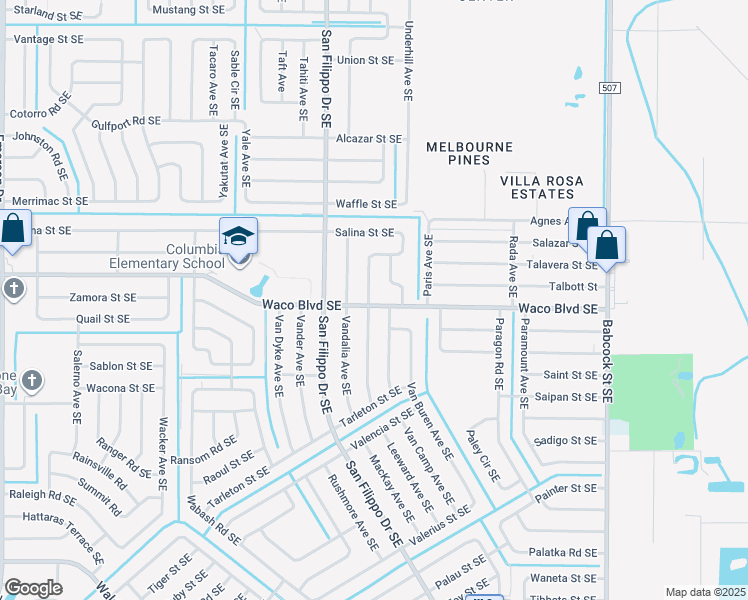 map of restaurants, bars, coffee shops, grocery stores, and more near 1370 Waco Boulevard Southeast in Palm Bay