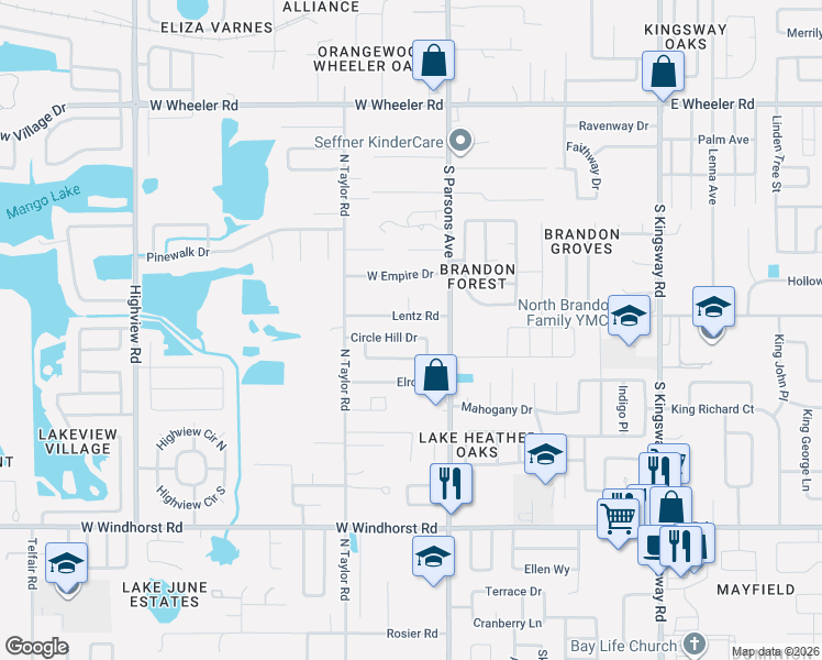 map of restaurants, bars, coffee shops, grocery stores, and more near 111 Circle Hill Drive in Brandon