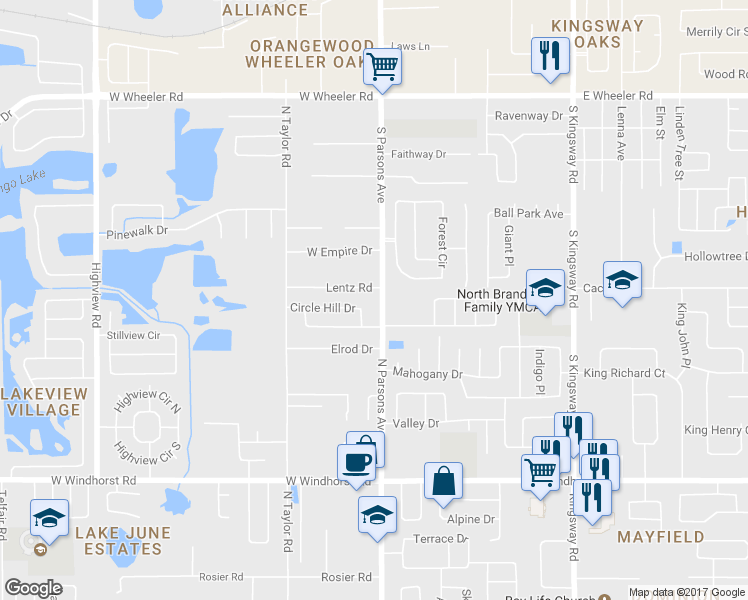 map of restaurants, bars, coffee shops, grocery stores, and more near 3005 South Parsons Avenue in Seffner