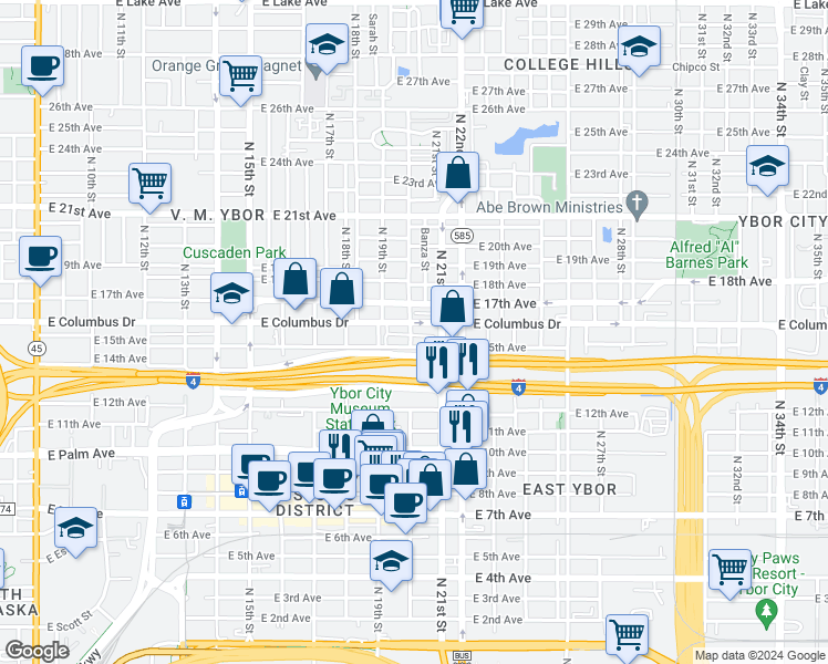 map of restaurants, bars, coffee shops, grocery stores, and more near 1918 East 15th Avenue in Tampa