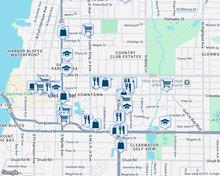 map of restaurants, bars, coffee shops, grocery stores, and more near 1150 Cleveland Street in Clearwater