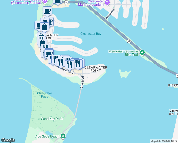 map of restaurants, bars, coffee shops, grocery stores, and more near 845 South Gulfview Boulevard in Clearwater