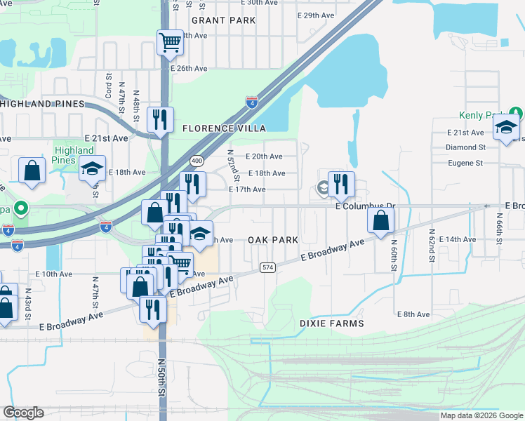 map of restaurants, bars, coffee shops, grocery stores, and more near 2511 North 54th Street in Tampa