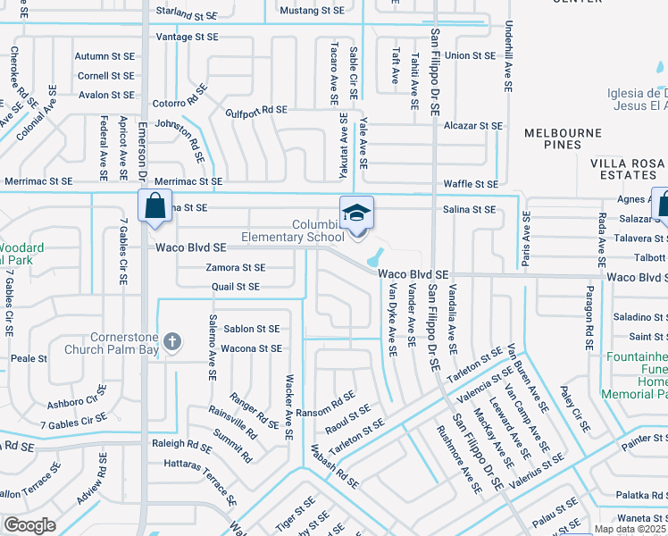 map of restaurants, bars, coffee shops, grocery stores, and more near 1311 Zanzibar Road Southeast in Palm Bay
