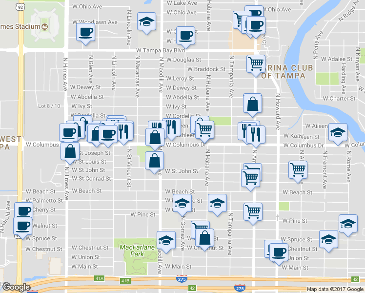 map of restaurants, bars, coffee shops, grocery stores, and more near 3000 West Columbus Drive in Tampa