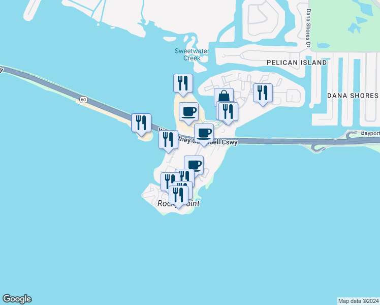 map of restaurants, bars, coffee shops, grocery stores, and more near 2900 North Rocky Point Drive in Tampa