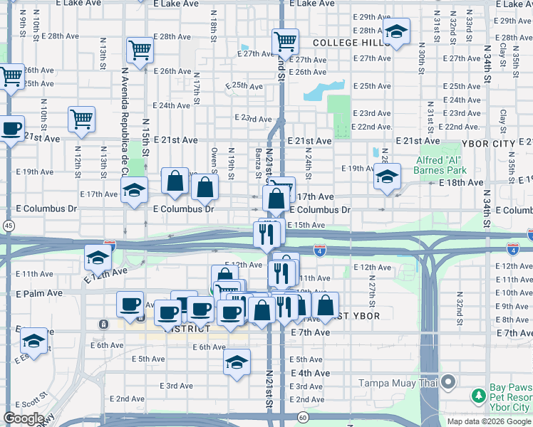 map of restaurants, bars, coffee shops, grocery stores, and more near 2602 North 21st Street in Tampa