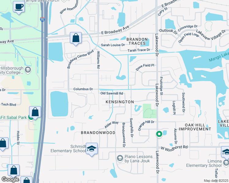 map of restaurants, bars, coffee shops, grocery stores, and more near 1627 Dogwood Lane in Brandon