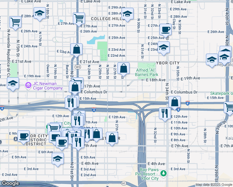 map of restaurants, bars, coffee shops, grocery stores, and more near 2709 East 15th Avenue in Tampa