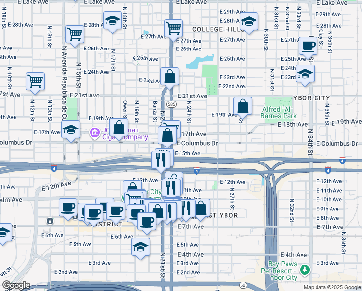 map of restaurants, bars, coffee shops, grocery stores, and more near 2215 East 15th Avenue in Tampa