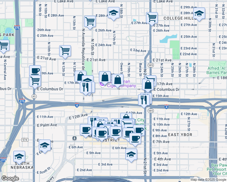 map of restaurants, bars, coffee shops, grocery stores, and more near 1707 East 15th Avenue in Tampa