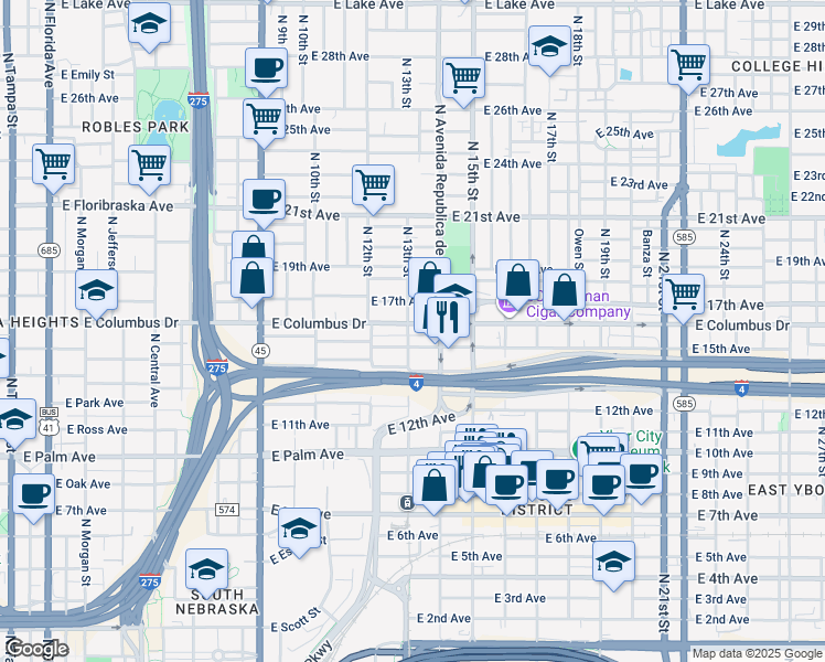 map of restaurants, bars, coffee shops, grocery stores, and more near 1209 East 15th Avenue in Tampa