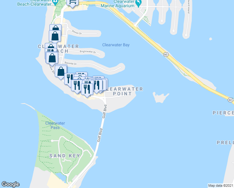 map of restaurants, bars, coffee shops, grocery stores, and more near 845 South Gulfview Boulevard in Clearwater