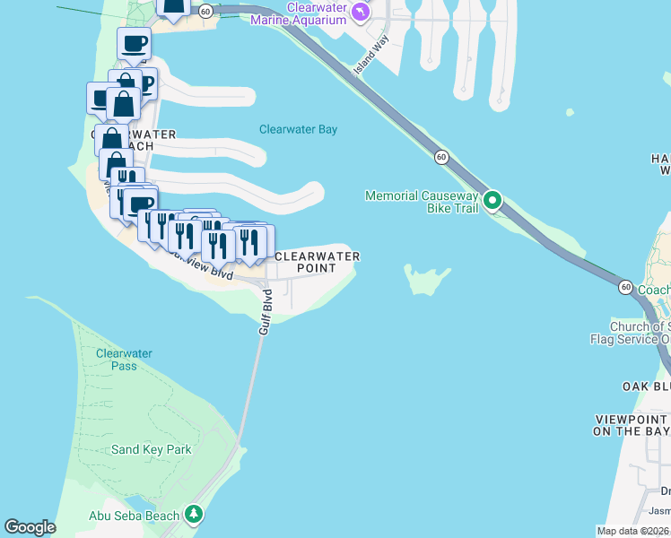 map of restaurants, bars, coffee shops, grocery stores, and more near 865 South Gulfview Boulevard in Clearwater