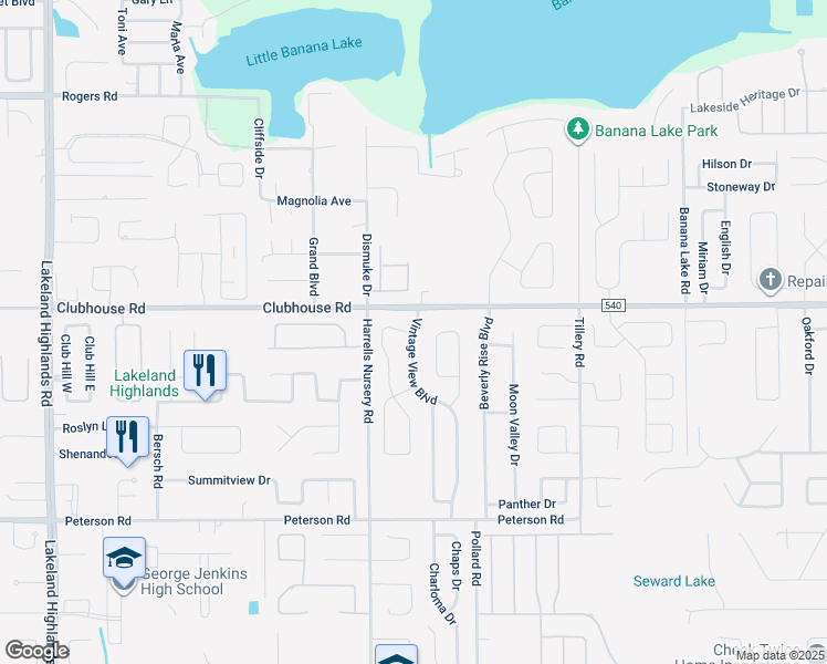 map of restaurants, bars, coffee shops, grocery stores, and more near 5439 Vintage View Boulevard in Lakeland