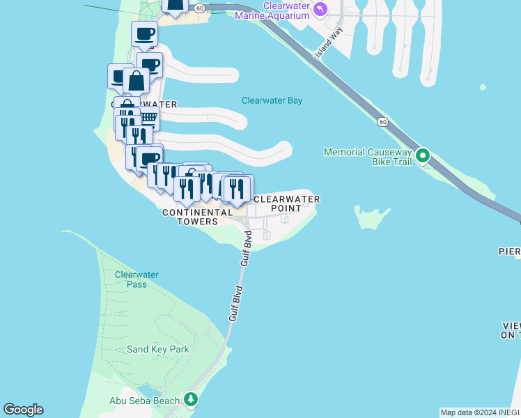 map of restaurants, bars, coffee shops, grocery stores, and more near 845 South Gulfview Boulevard in Clearwater