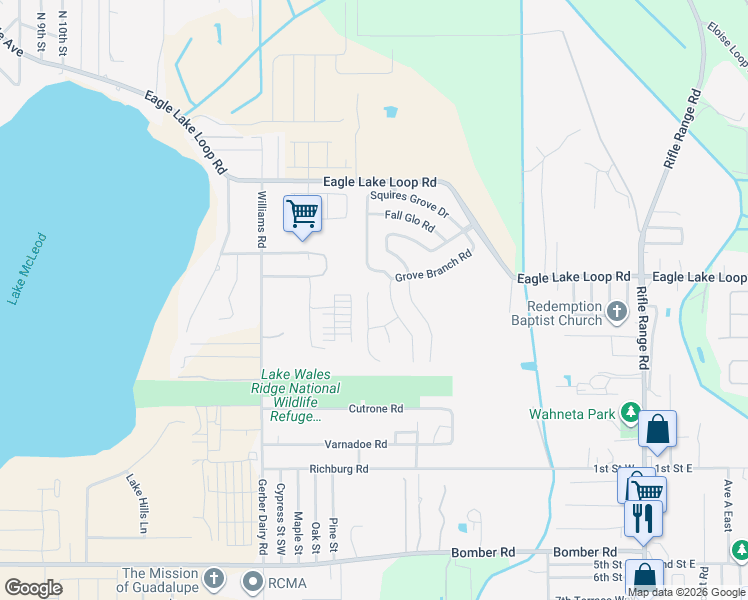 map of restaurants, bars, coffee shops, grocery stores, and more near 608 Squires Grove Drive in Winter Haven