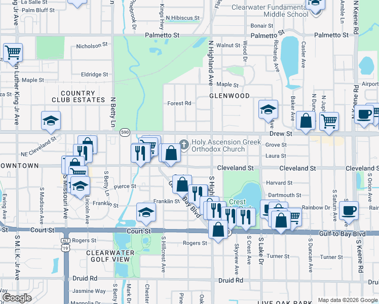 map of restaurants, bars, coffee shops, grocery stores, and more near 10 North San Remo Avenue in Clearwater