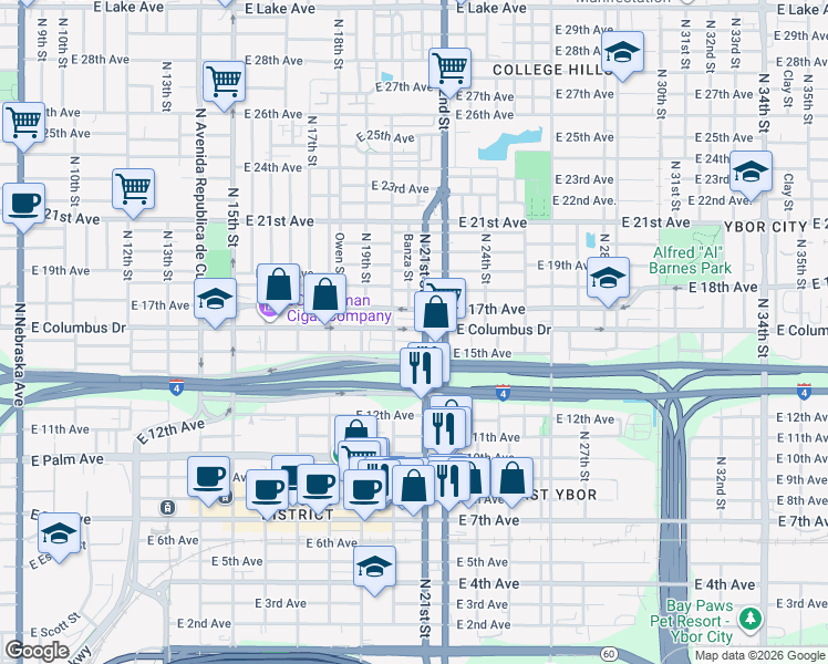 map of restaurants, bars, coffee shops, grocery stores, and more near 2013 East Columbus Drive in Tampa