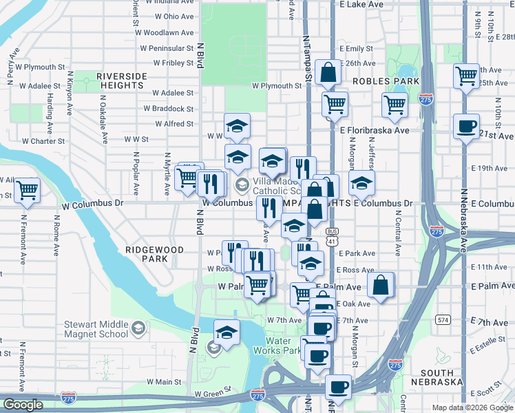 map of restaurants, bars, coffee shops, grocery stores, and more near 306 West Columbus Drive in Tampa