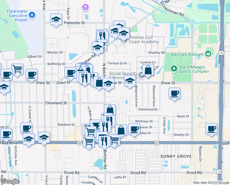 map of restaurants, bars, coffee shops, grocery stores, and more near 129 North Belcher Road in Clearwater