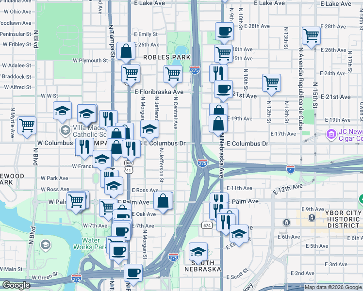 map of restaurants, bars, coffee shops, grocery stores, and more near 505 East Columbus Drive in Tampa