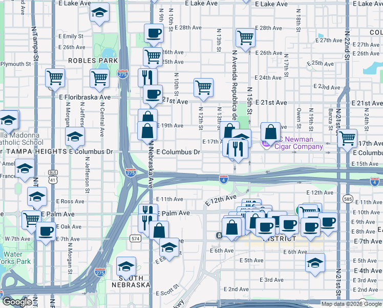 map of restaurants, bars, coffee shops, grocery stores, and more near 1015 East Columbus Drive in Tampa
