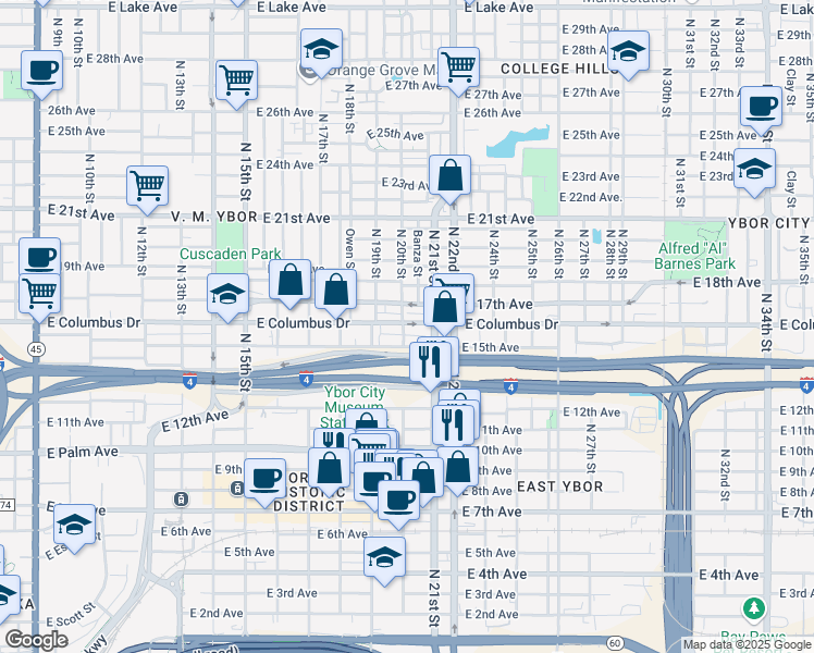 map of restaurants, bars, coffee shops, grocery stores, and more near 1918 East 15th Avenue in Tampa