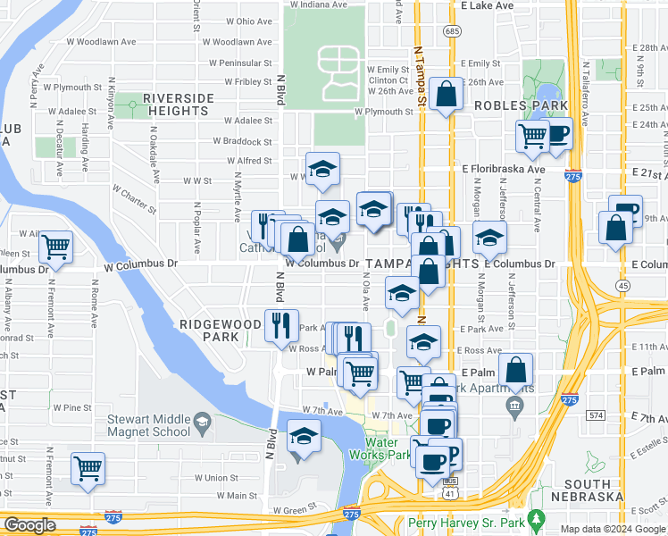 map of restaurants, bars, coffee shops, grocery stores, and more near 321 West Amelia Avenue in Tampa