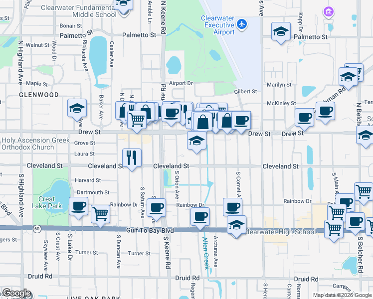 map of restaurants, bars, coffee shops, grocery stores, and more near 1816-1834 Cleveland St in Clearwater
