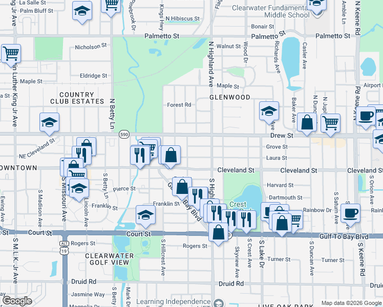 map of restaurants, bars, coffee shops, grocery stores, and more near 10 North San Remo Avenue in Clearwater