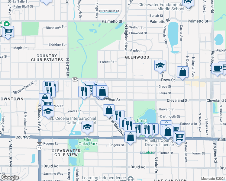 map of restaurants, bars, coffee shops, grocery stores, and more near 10 North San Remo Avenue in Clearwater