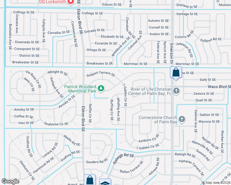 map of restaurants, bars, coffee shops, grocery stores, and more near 1306 Whaling Avenue Southeast in Palm Bay
