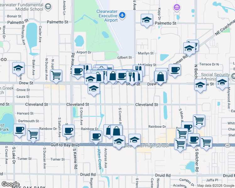 map of restaurants, bars, coffee shops, grocery stores, and more near 100 North Comet Avenue in Clearwater