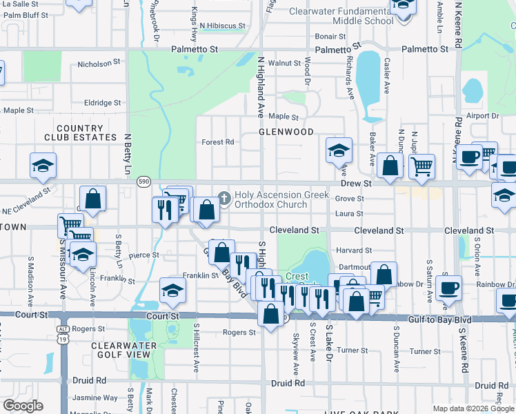 map of restaurants, bars, coffee shops, grocery stores, and more near 1483 Laura Street in Clearwater