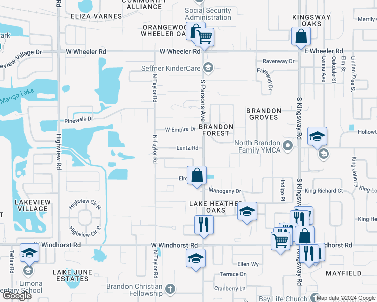 map of restaurants, bars, coffee shops, grocery stores, and more near 109 Lentz Road in Brandon