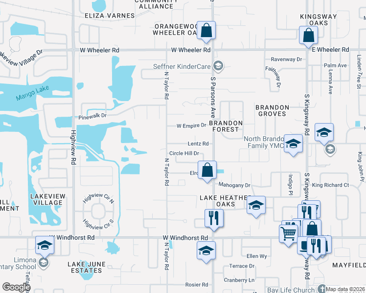 map of restaurants, bars, coffee shops, grocery stores, and more near 207 Circle Hill Drive in Brandon