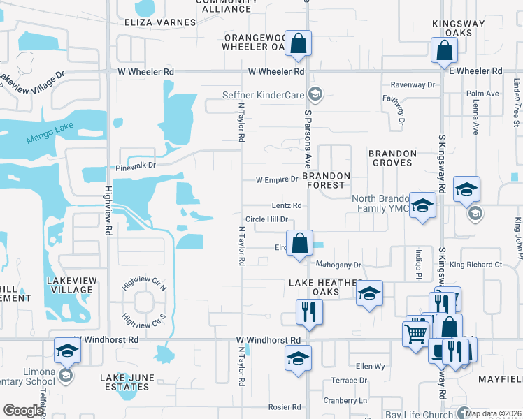 map of restaurants, bars, coffee shops, grocery stores, and more near 207 Circle Hill Drive in Brandon