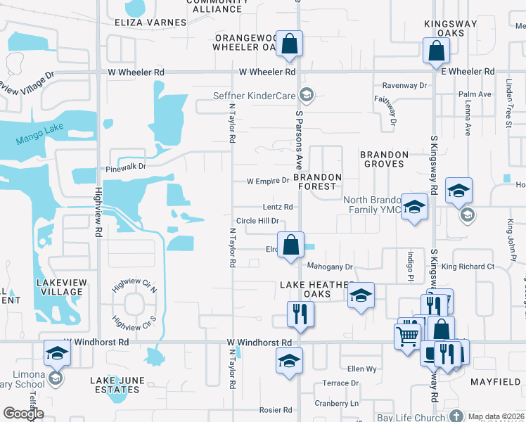 map of restaurants, bars, coffee shops, grocery stores, and more near 201 Lentz Road in Brandon