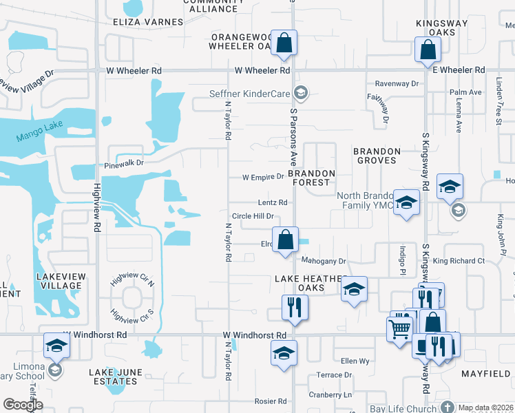 map of restaurants, bars, coffee shops, grocery stores, and more near 201 Lentz Road in Brandon